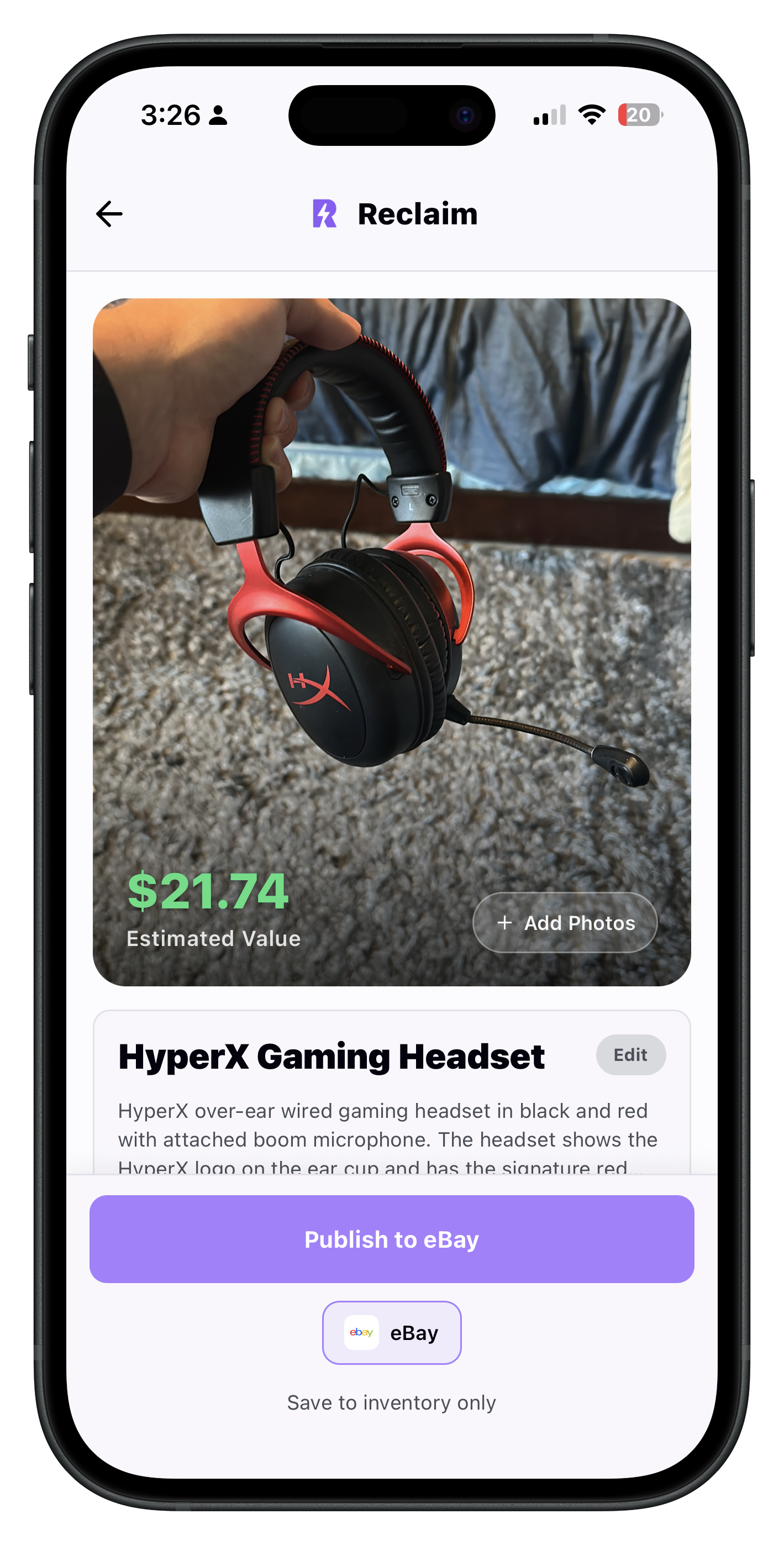 AI-generated listing: HyperX Gaming Headset, $21.74 estimated value, one tap to publish to eBay
